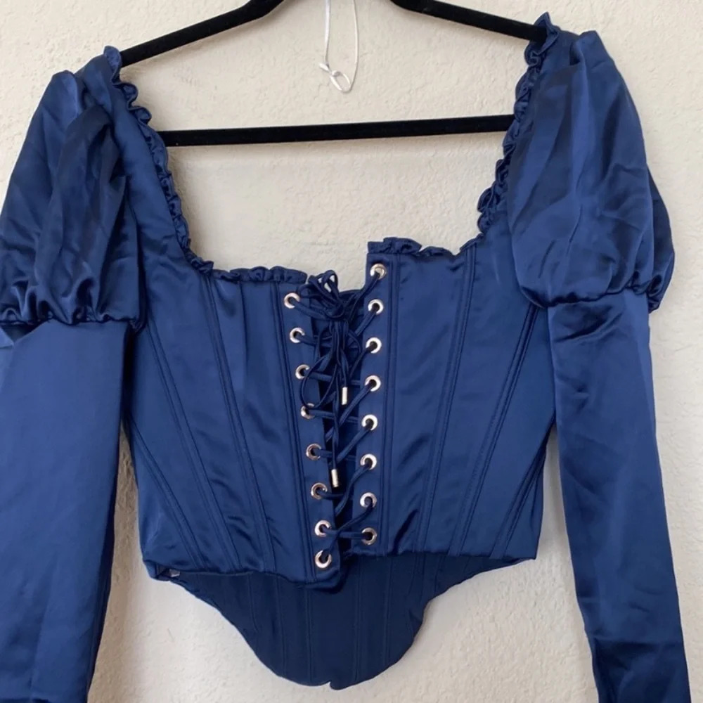HOUSE OF CB 'Dana'‎ Navy Puff Sleeve Corset NWOT - Picture 3 of 11